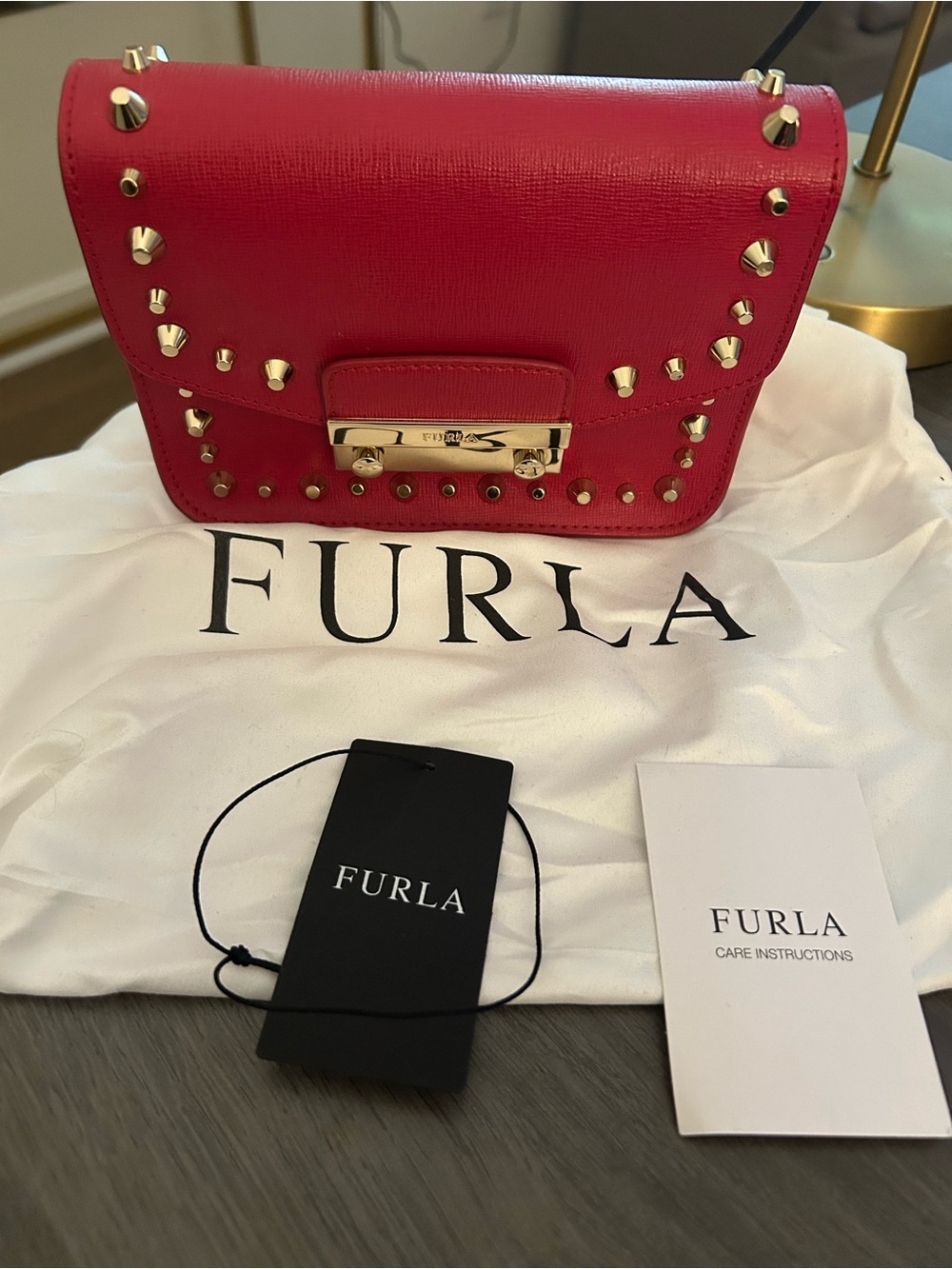 Furla Pink-Red Studded Leather Crossbody Bag with Gold Hardware